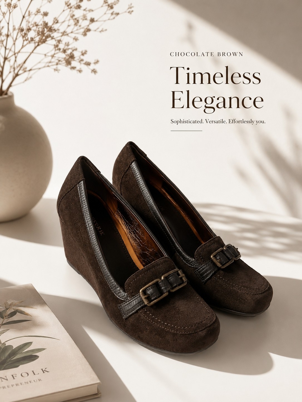 St. John's Bay Women's Size 11 Brown Leather Wedge Heels Loafer Pumps Buckle